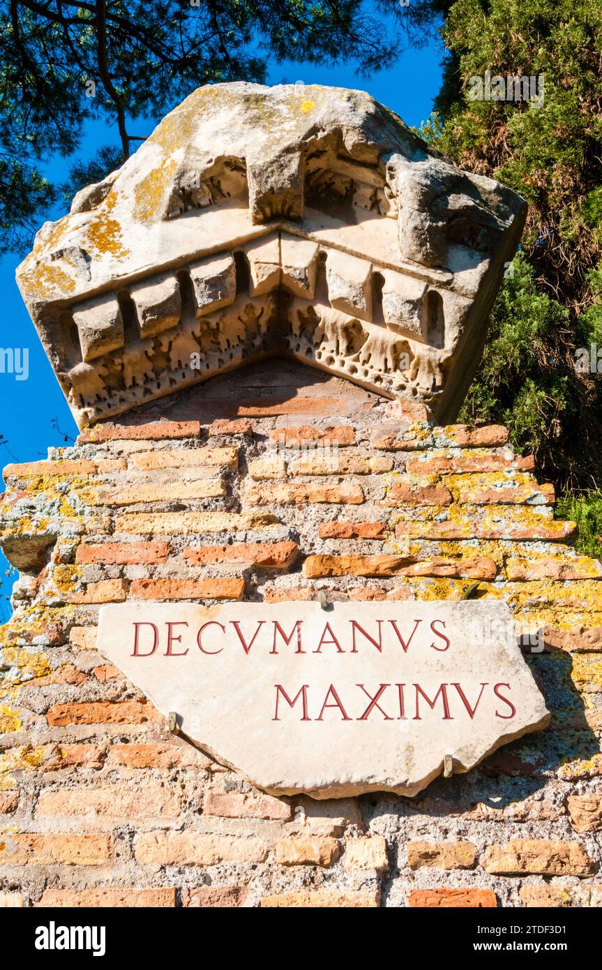 Marble sign of the Decumanus Maximus (main road), Ostia Antica archaeological site, Ostia, Rome province, Latium (Lazio), Italy, Europe Stock Photo