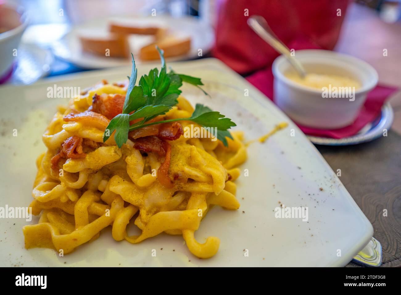 View of Carbonara in restaurant in Montepulciano, Montepulciano, Province of Siena, Tuscany, Italy, Europe Stock Photo