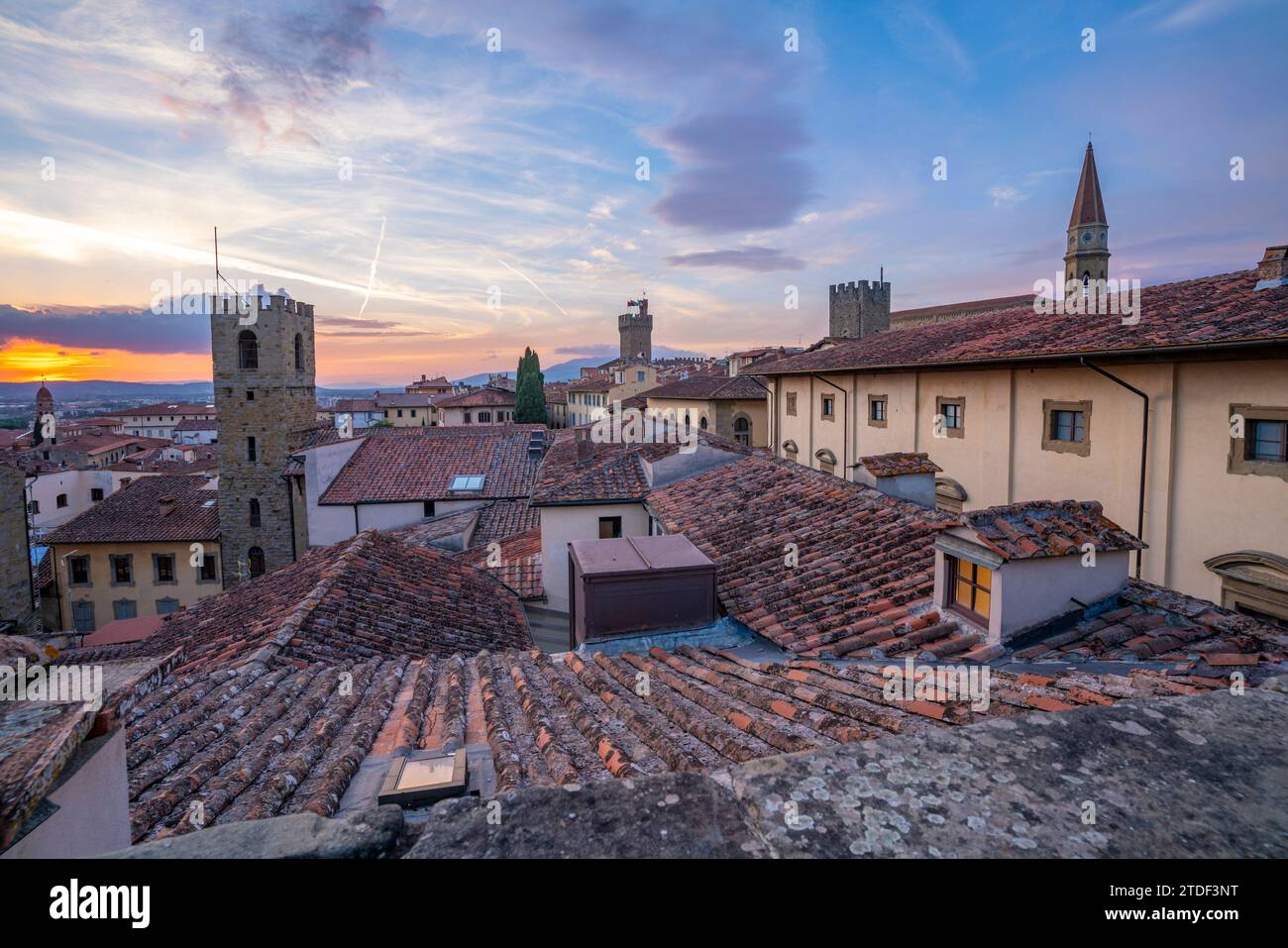 View of city skyline and rooftops from Palazzo della Fraternita dei Laici at sunset, Arezzo, Province of Arezzo, Tuscany, Italy, Europe Stock Photo