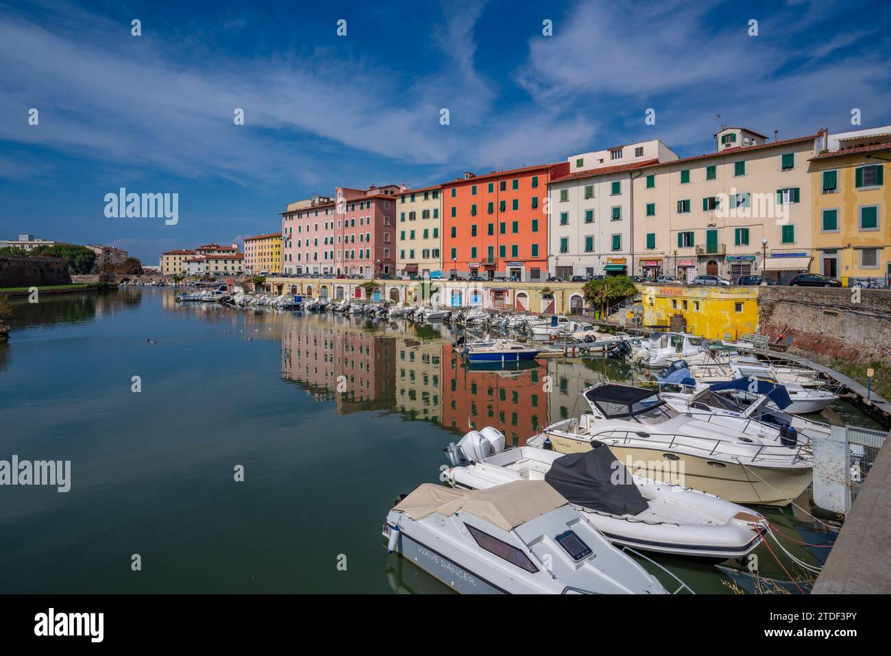 View of colourful buildings and canal, Livorno, Province of Livorno, Tuscany, Italy, Europe Stock Photo