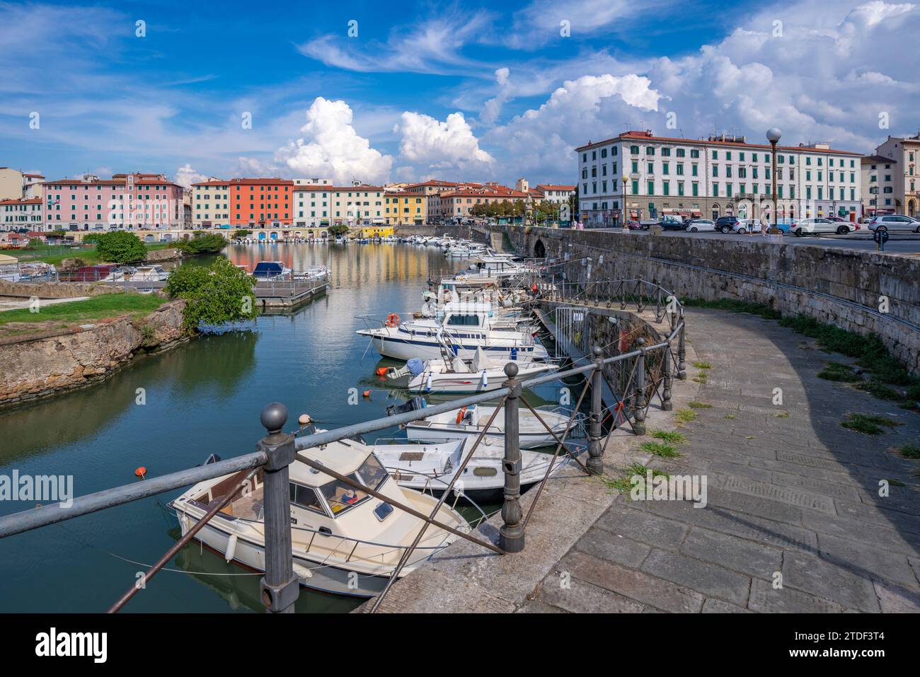 View of colourful buildings and canal, Livorno, Province of Livorno, Tuscany, Italy, Europe Stock Photo