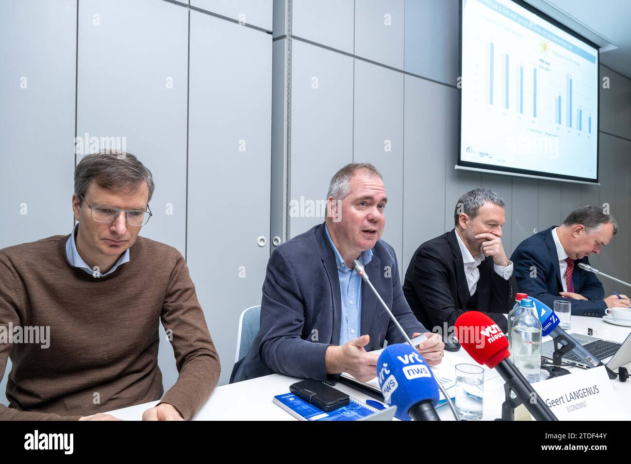 Brussels, Belgium. 18th Dec, 2023. Nationale Bank (BNB/NNB) economist  Stefan Van Parys, BNB/NBB economist Geert Langenus and National Bank (BNB-NBB)  governor Pierre Wunsch Nationale Bank (BNB/NNB) spokesman Geert Sciot are  pictured during