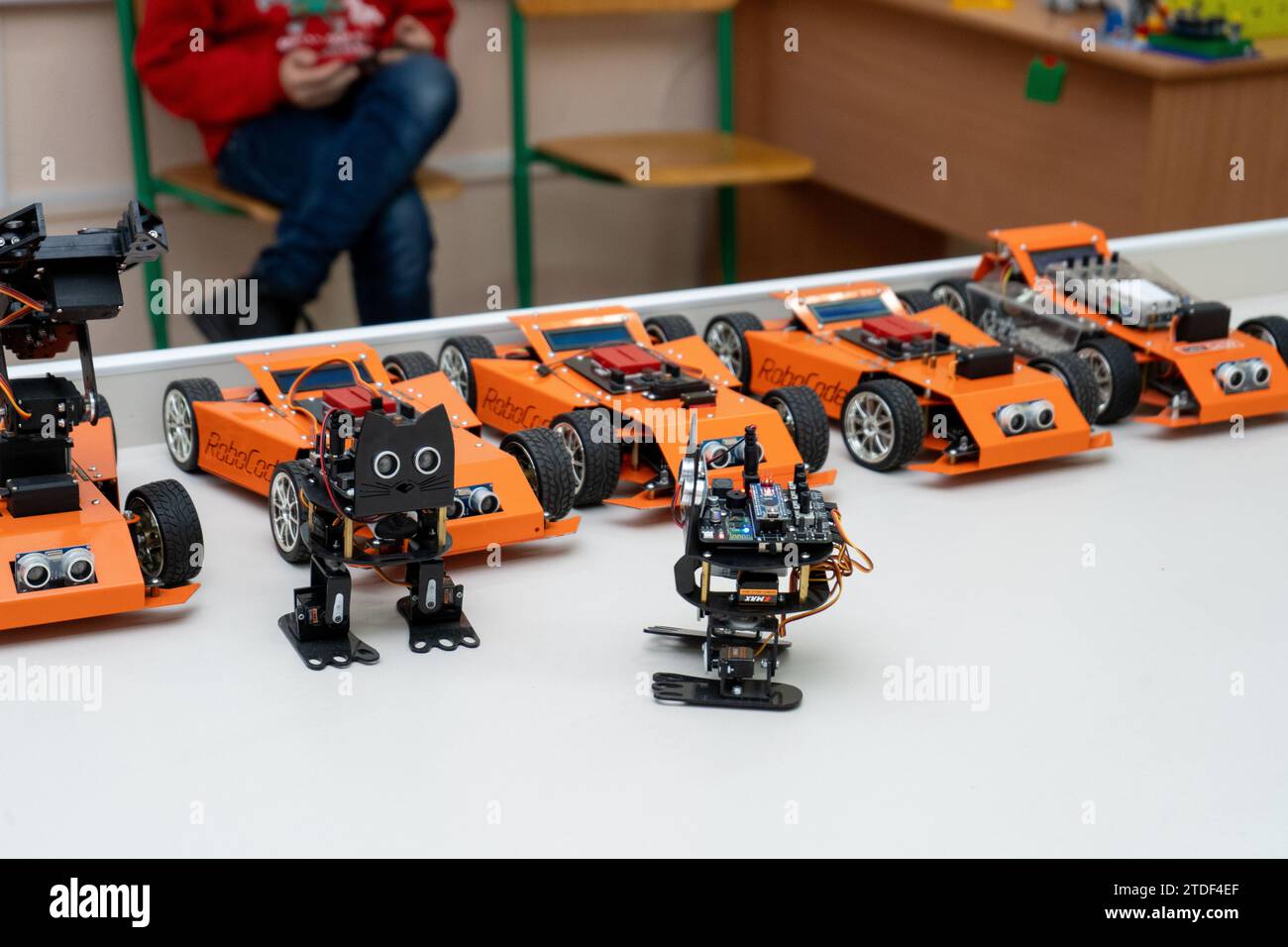 Robot cat from a DIY children's construction set Arduino. Fundamentals of robotics at school. A toy made from circuit boards, microcircuits and batteries. Ukraine, Kyiv - December 16, 2023 Stock Photo