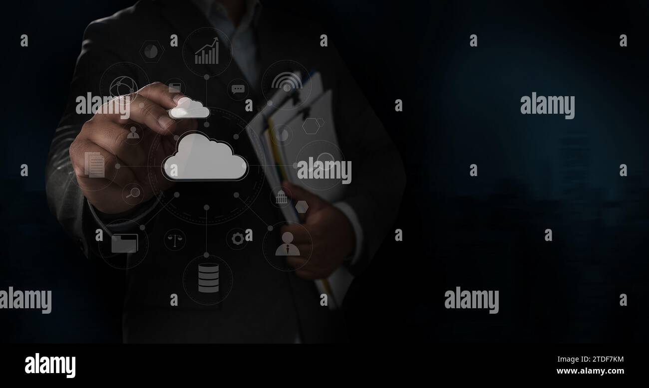 Businessmen work in cloud computing. Cloud service computing and global communication Cloud data transfer and online data storage A computer connects Stock Photo