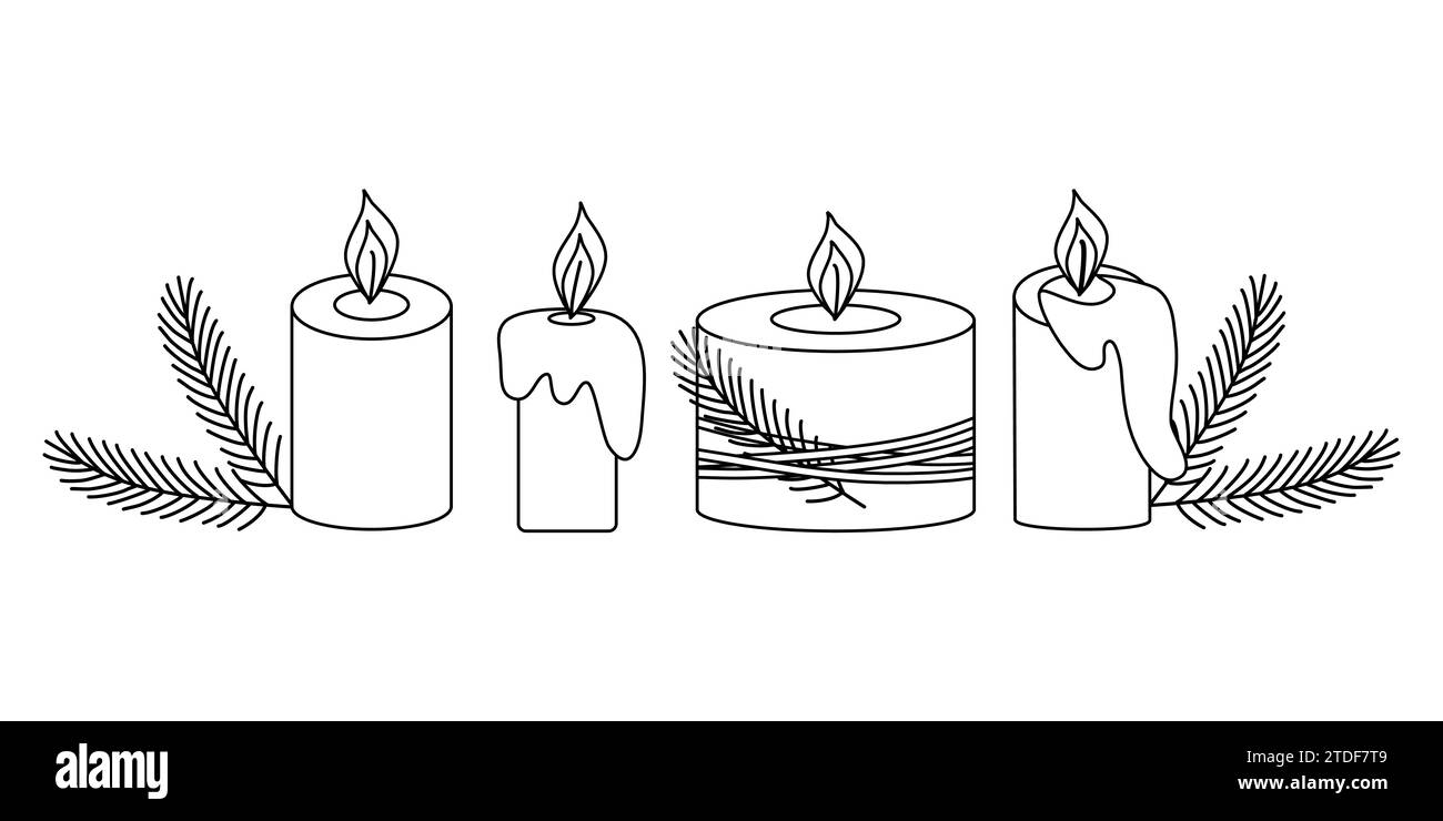 Set of burning candles with Christmas tree decoration, melting wax, doodle style flat vector