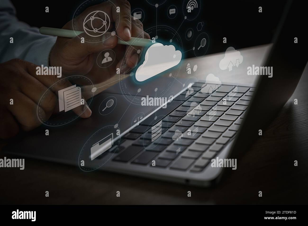 Businessmen work in cloud computing. Cloud service computing and global communication Cloud data transfer and online data storage A computer connects Stock Photo
