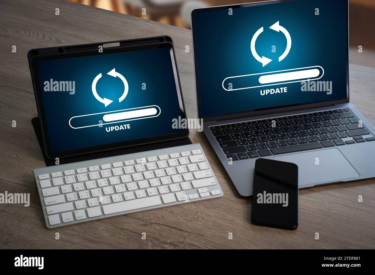 Man working Software device Update Online computer Update upgrade progress progress bar on screen technology Stock Photo