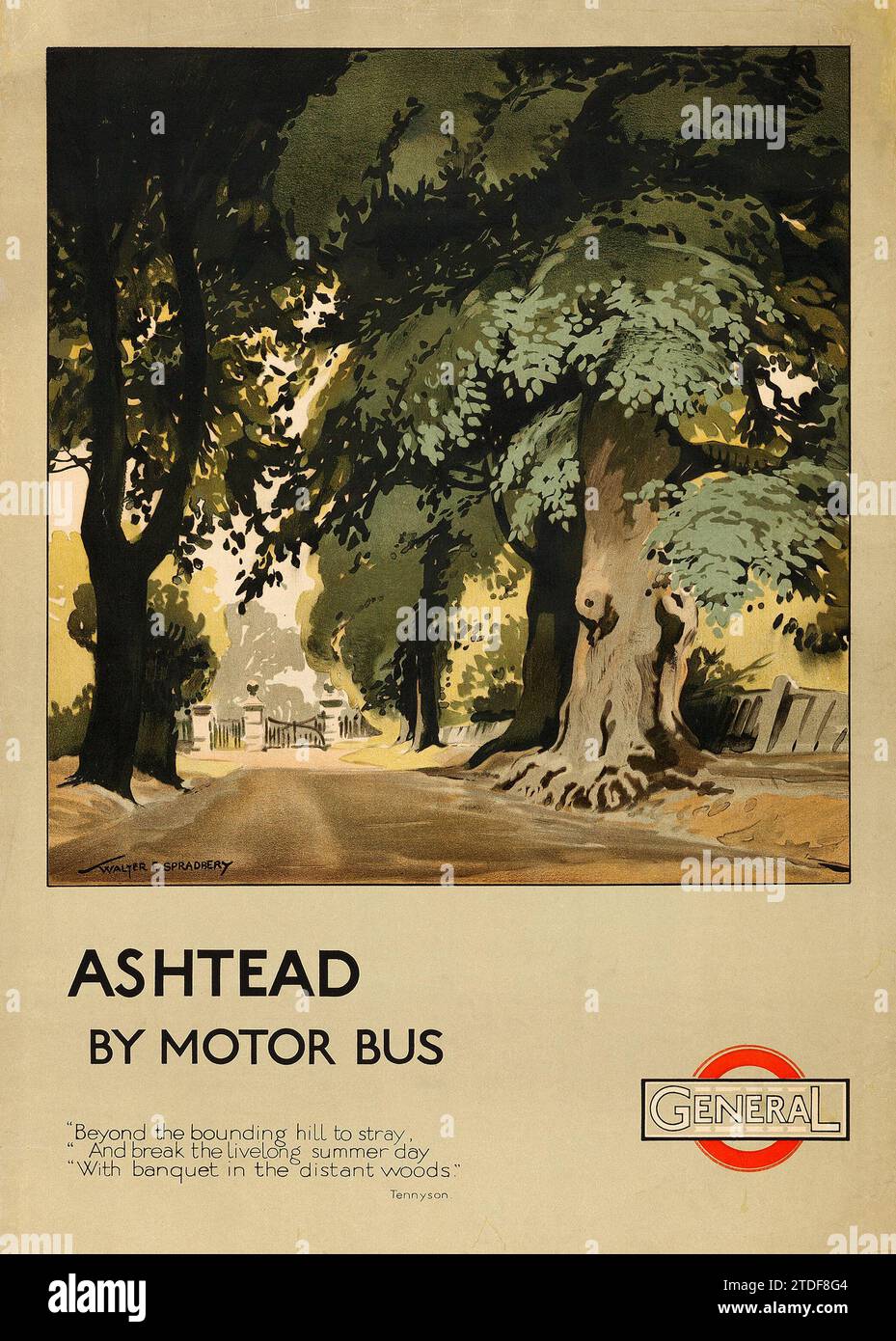 Ashtead by motor bus (General, 1921). Travel Poster - Walter E. Spradbery Artwork Stock Photo