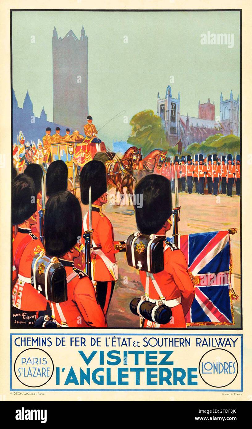 Vintage Railway Travel Poster England Southern Railway Royal Guards, Maurice Toussaint artwork 1932 Stock Photo
