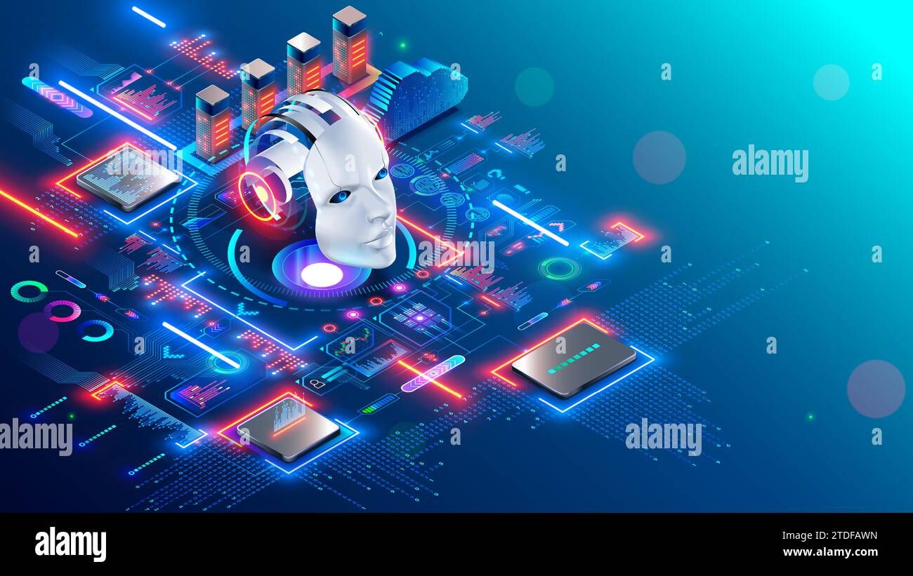 AI chat bot development. Artificial intelligence isometric robot head among computer electronic chip hardware. Technology. Internet online chat bot fa Stock Vector