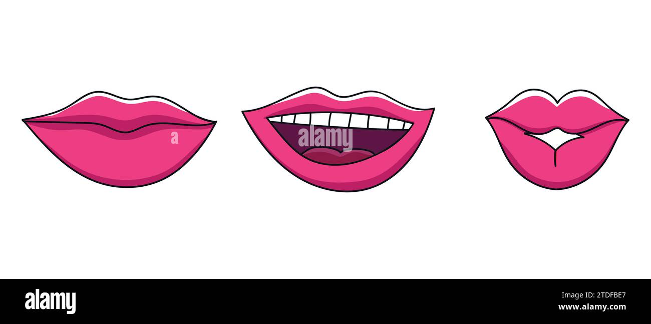 Hand drawn female lips with red lipstick smiling and kissing. Vector illustration Stock Vector
