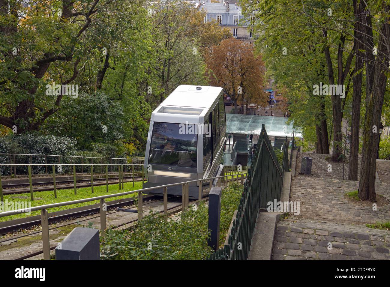 The funicular at Montmartre, Paris, France takes passengers from the bottom of the hill up to the Sacré Coeur in Montmartre and is run by RATP Stock Photo