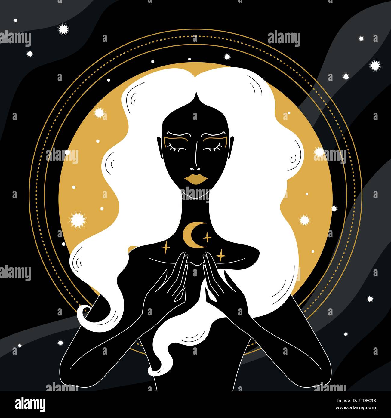 Mystical Sorceress or witch with stars and crescent on gold and black background. Witchcraft and magic vector illustration Stock Vector