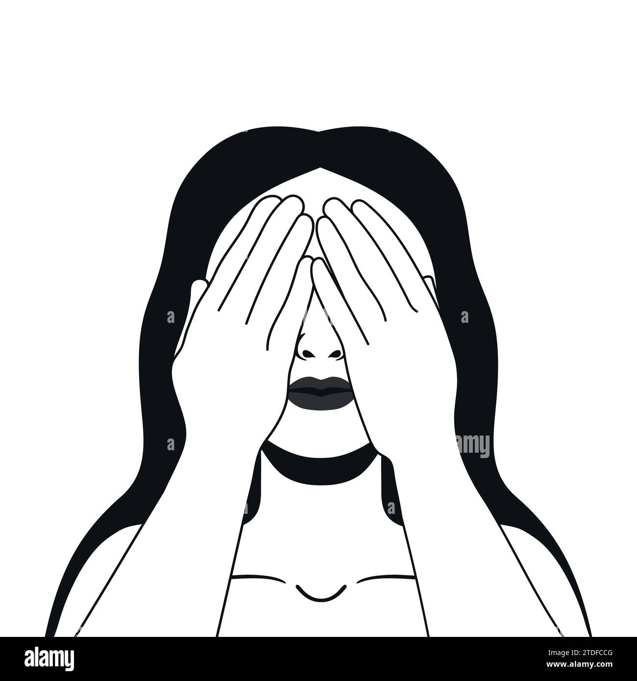 Portrait of a young female covering her eyes with hands to avoid seeing things. Hand drawn vector illustration Stock Vector