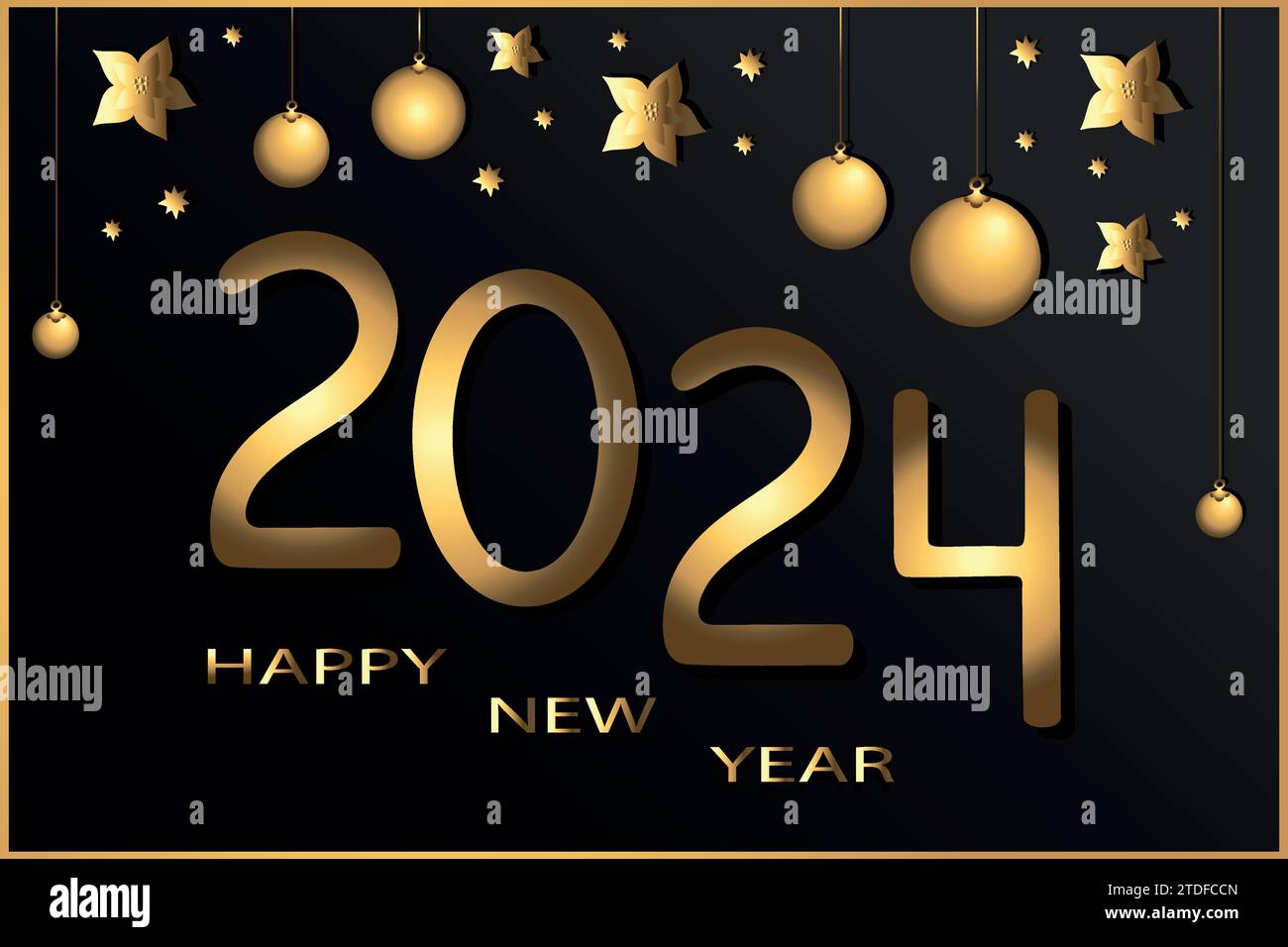 Happy New Year 2024. Gold numbers on black background decorated with star confetti and festive balls. Hand drawn vector illustration Stock Vector