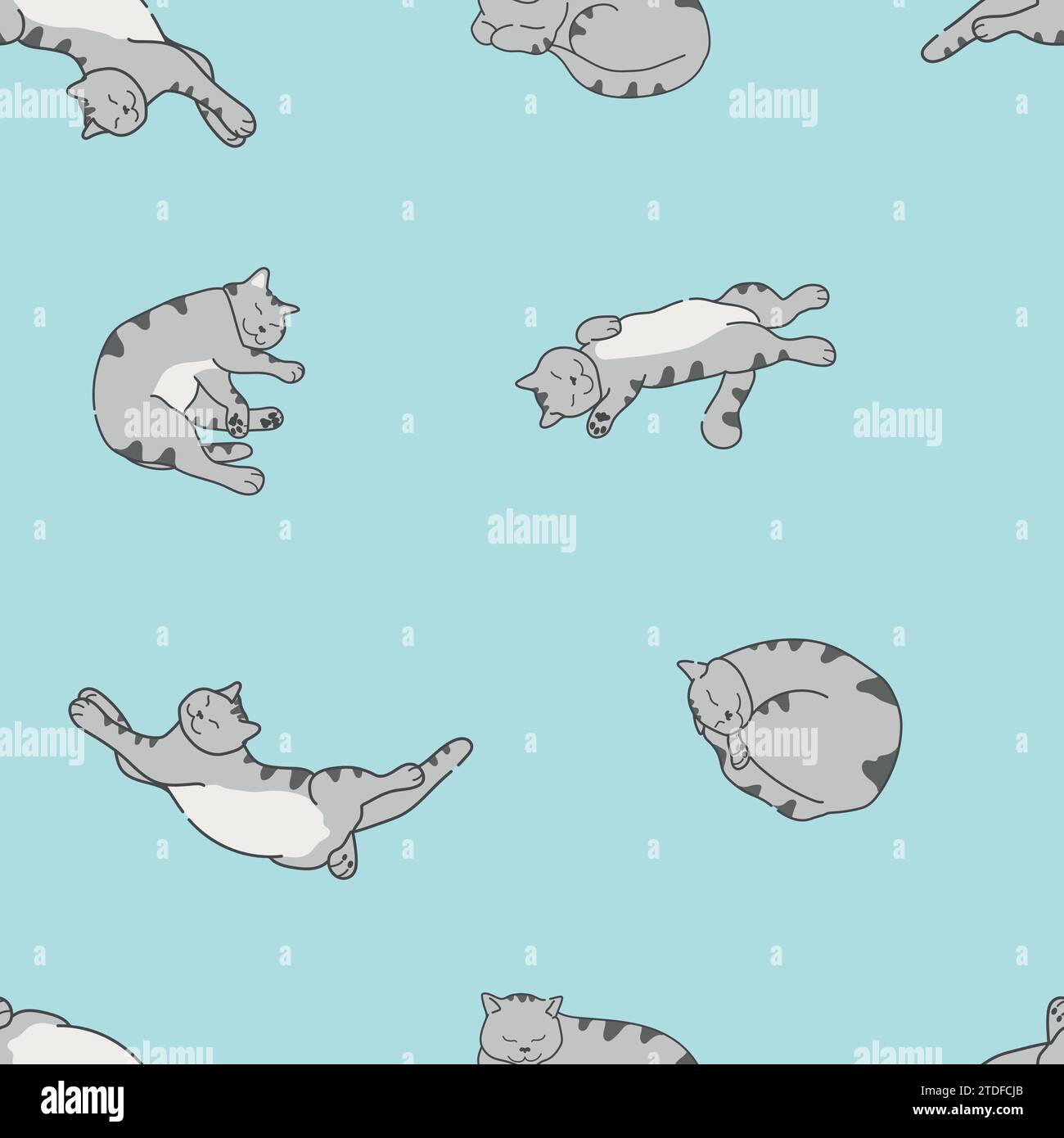 Cute sleepy grey cat seamless pattern. Grey tabby cat is sleeping in different poses. Vector illustration Stock Vector
