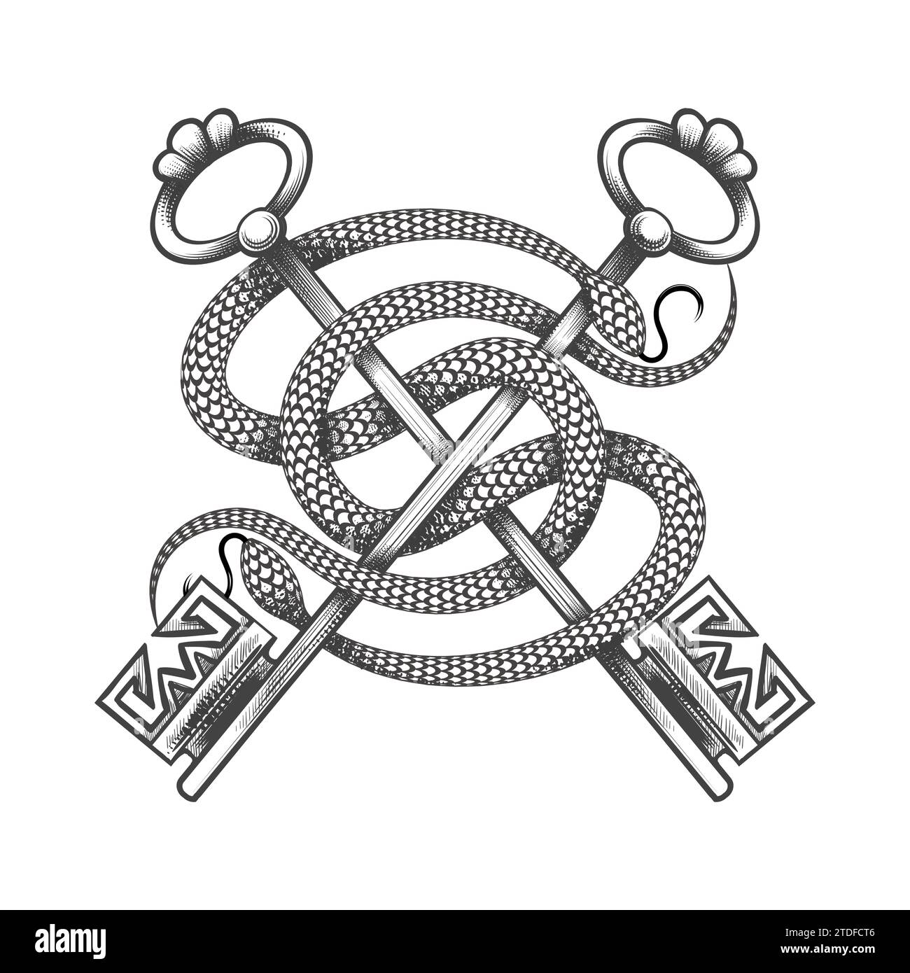 Snakes Wraps Around Vintage Keys Secret Knowledge Medieval Concept Tattoo in engraving style isolated on white background. No AI was used. Stock Vector