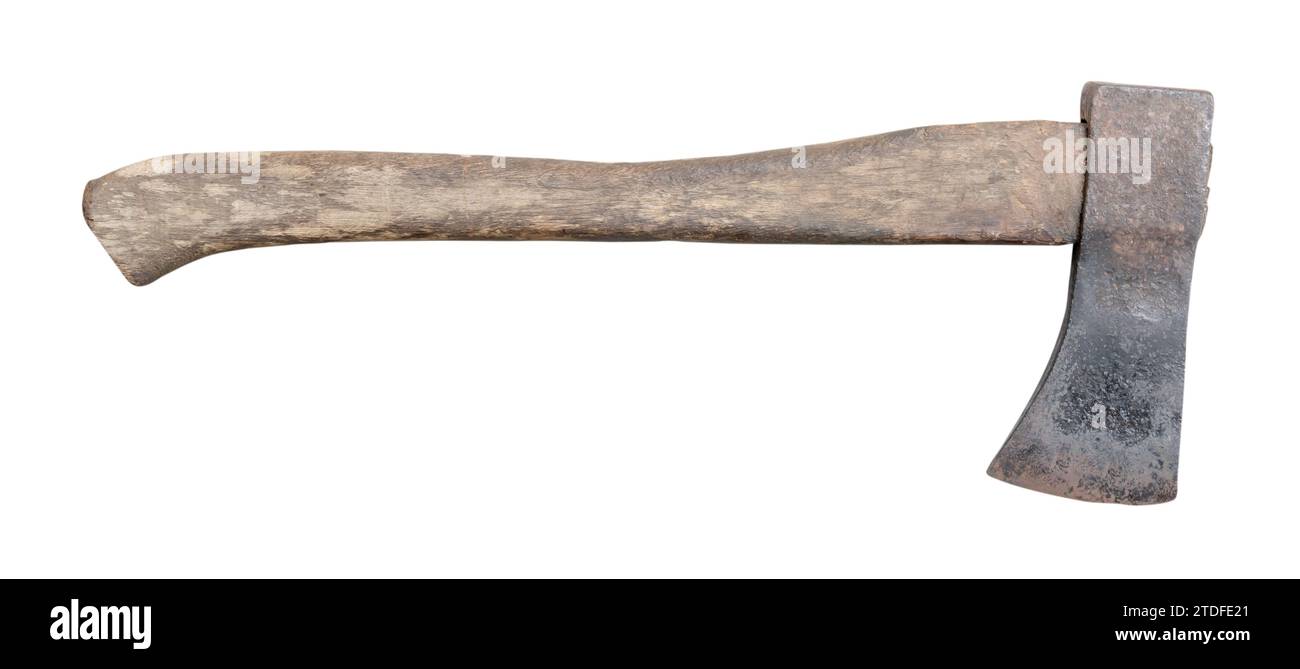 Old rust dirty dark gray axe with brown wooden handle is isolated on white background with clipping path Stock Photo