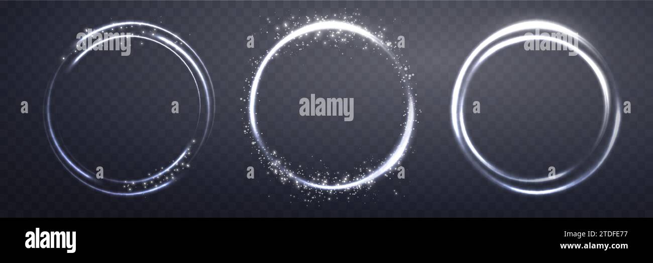 Silver magic rings set, with glowing particles. Neon realistic energy flare halo ring. Abstract light effect on a dark transparent background. Vector Stock Vector