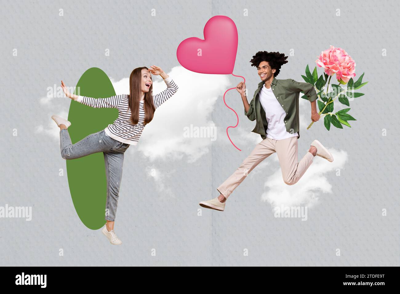 Photo collage artwork minimal picture of funny happy couple celebrating ...