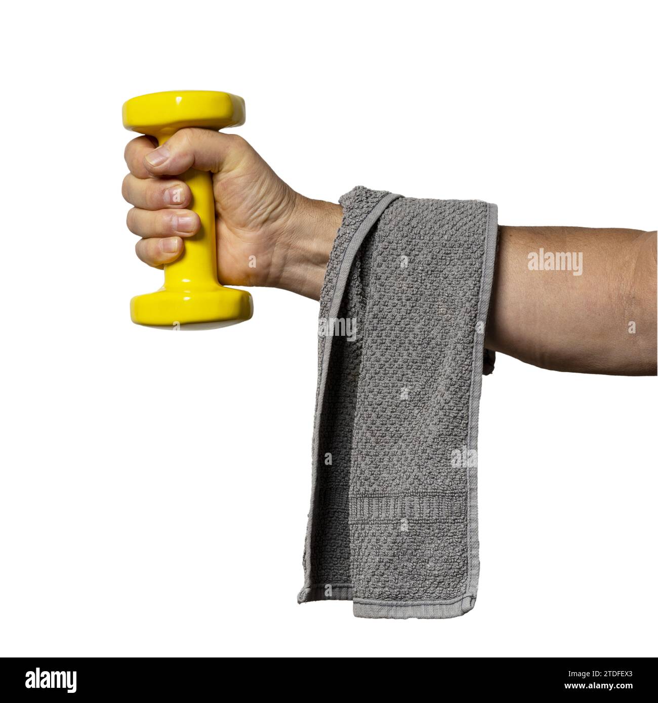 yellow gymnastic weights in hand with a transparent background Stock Photo