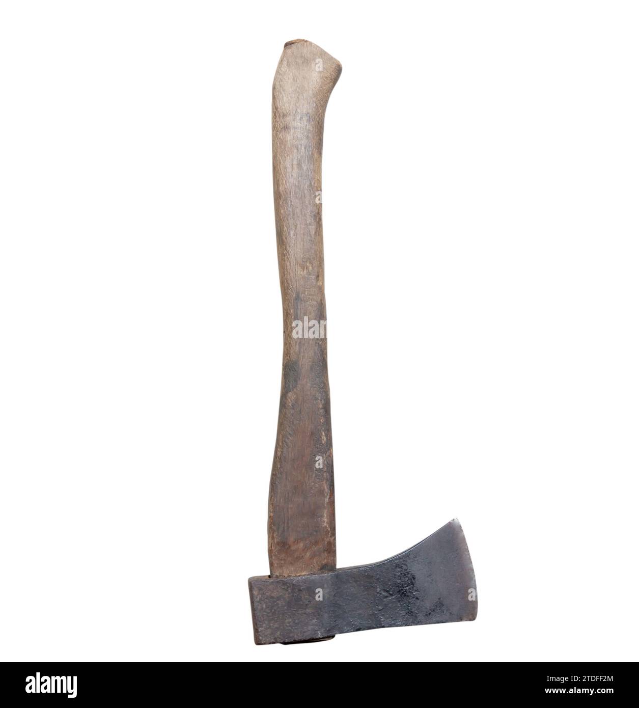 Old rust dirty dark gray axe with brown wooden handle is isolated on white background with clipping path. Stock Photo
