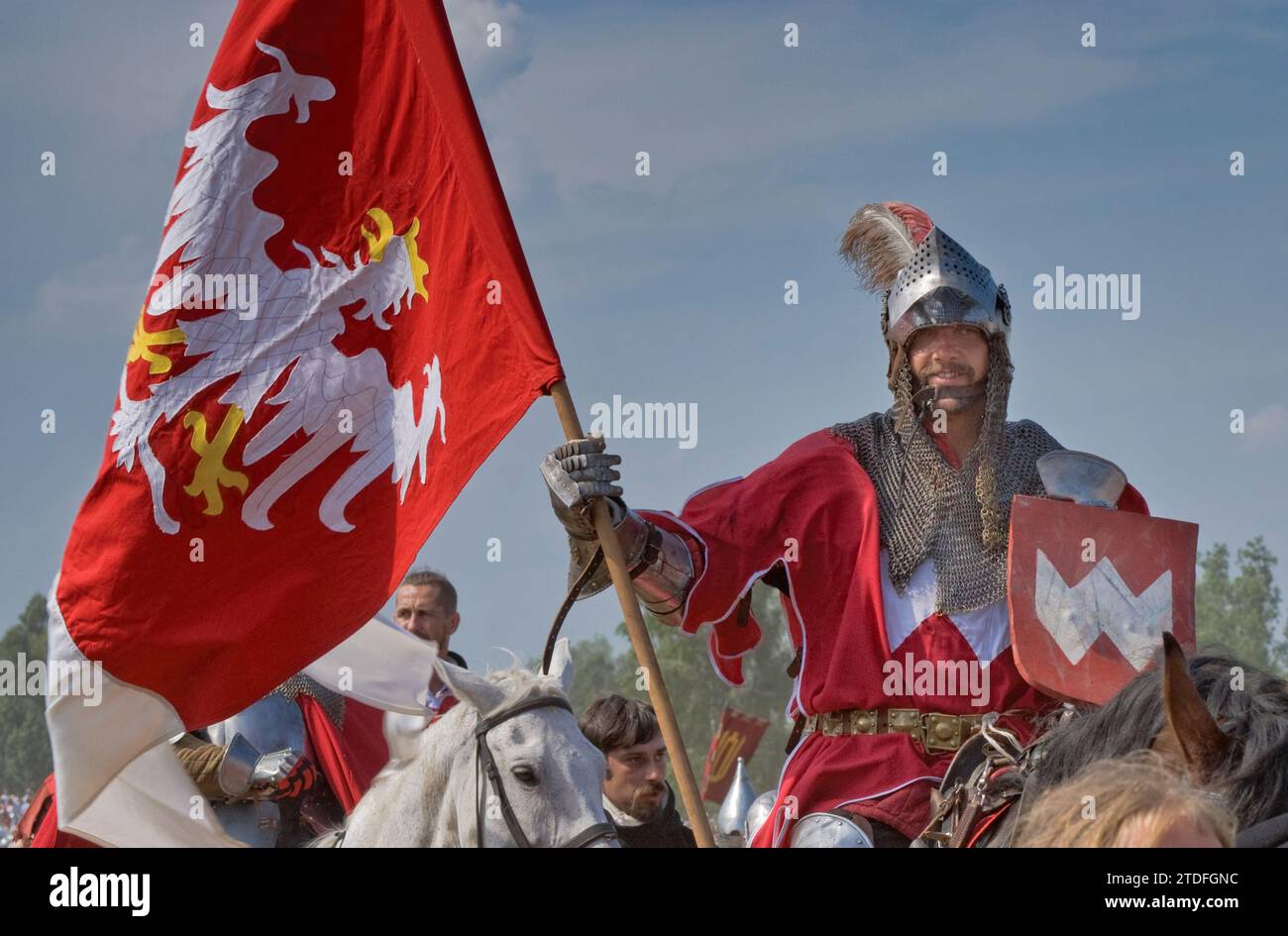Sword-bearer of Polish Crown leaving battleground after recreating Battle of Grunwald which took place in 1410 when Polish and Lithuanian troops broke the power of Teutonic Knights, near village of Grunwald Warminsko-Mazurskie, Poland Stock Photo