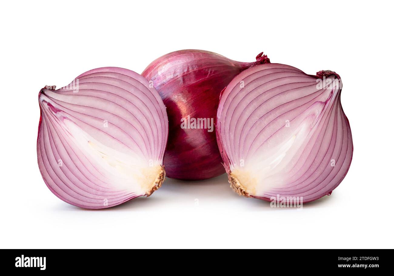 Fresh red or purple onion bulb with halves is isolated on white ...