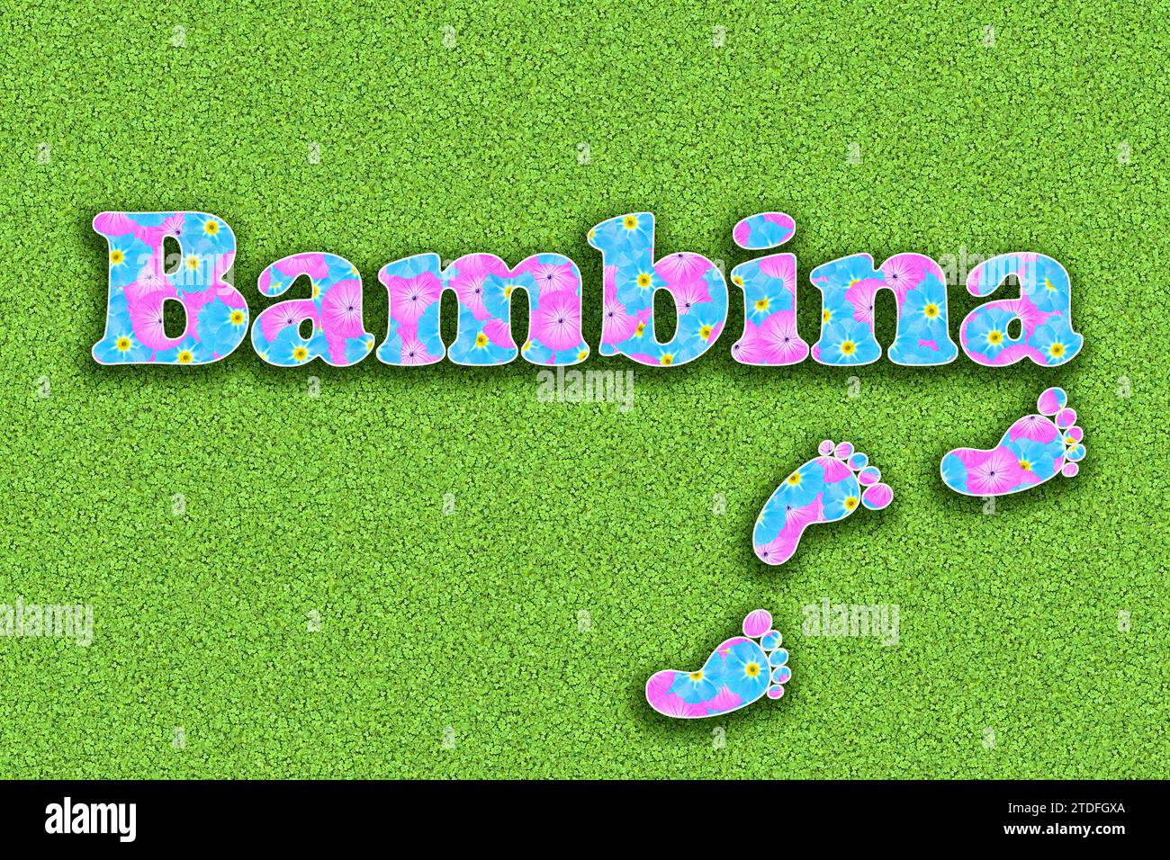 The Italian word Bambina for girls, written with flowers and small footprints of a child, in baby colors pink and light blue on a green background, me Stock Photo
