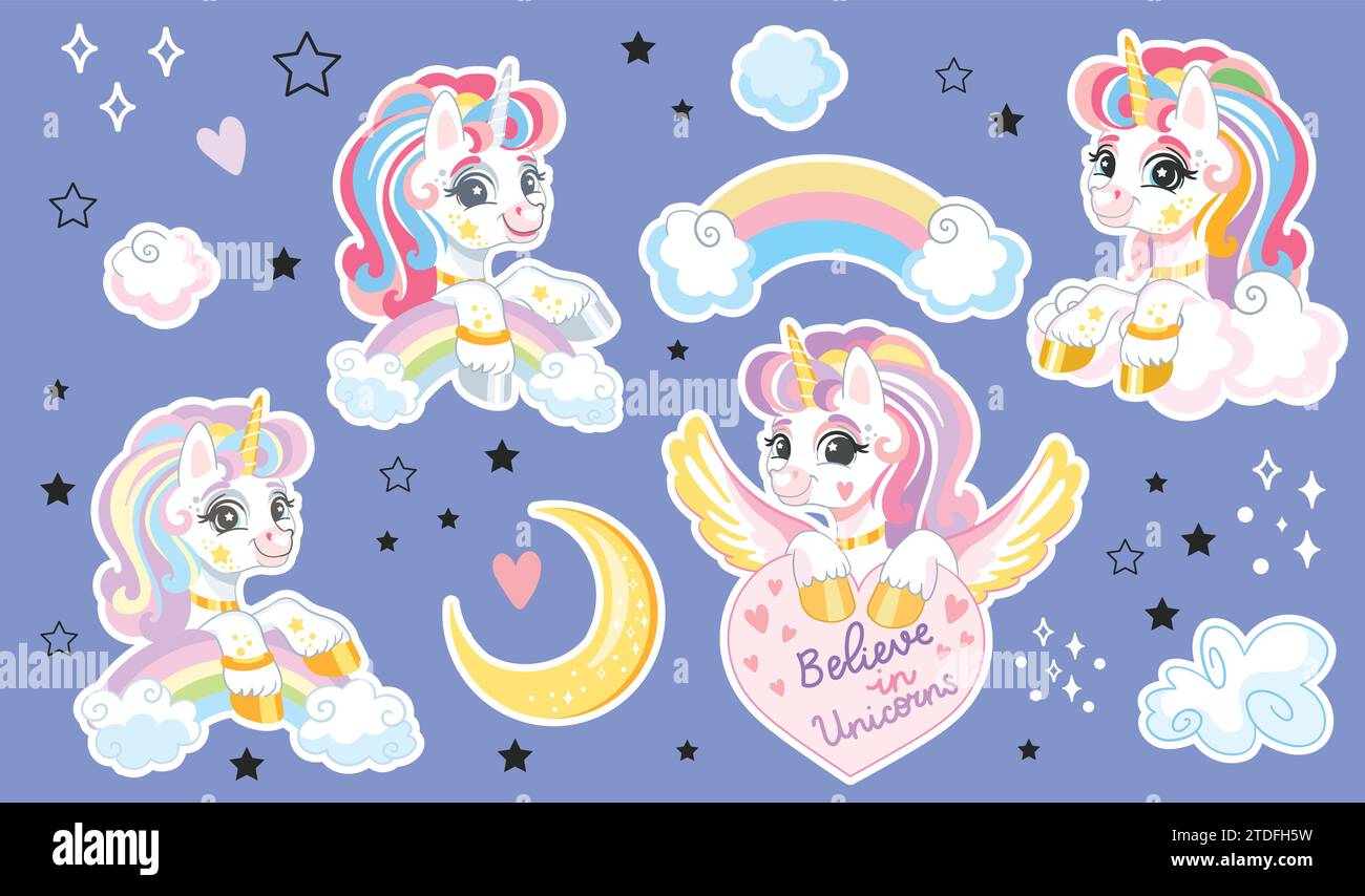 Collection of cute cartoon unicorn on a blue background vector Stock ...