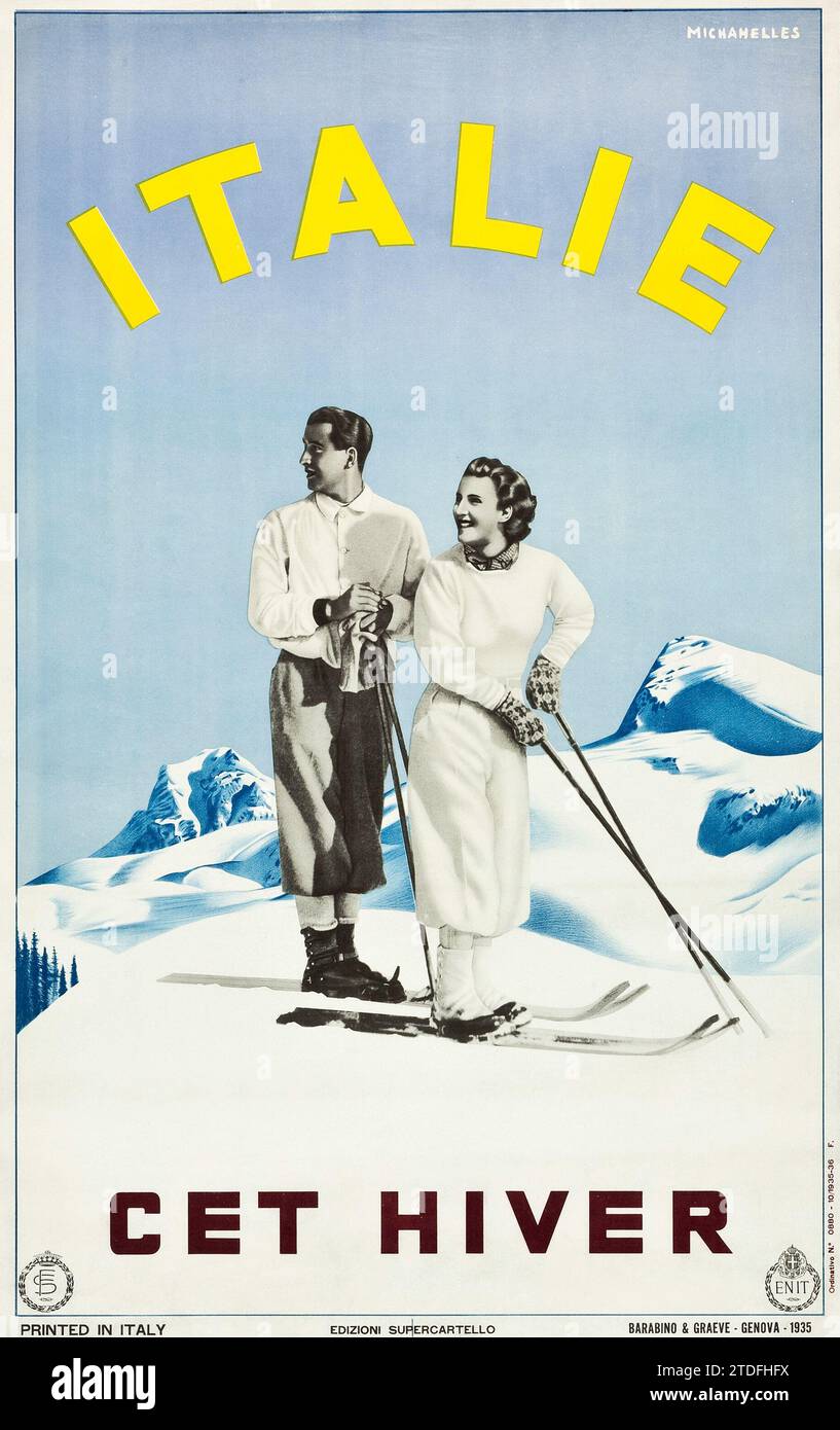 ITALIE - CET HIVER (Italy this Winter) - Italy Travel Poster (ENIT, 1935) Artwork by Ruggero Michahelles - Italian Winter Sport poster. Stock Photo