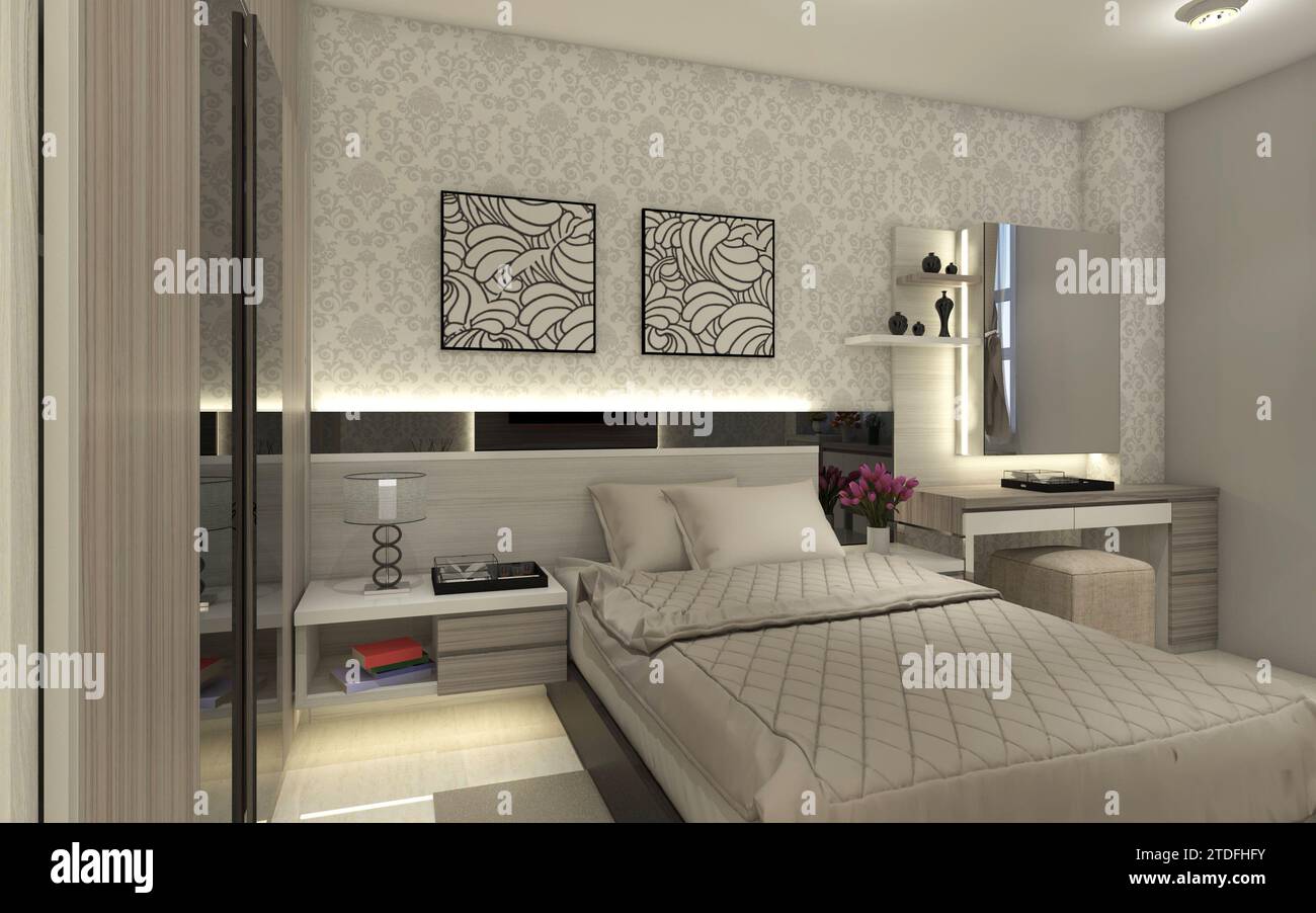 Picture of Minimalist Interior Bedroom using Simple Headboard Panel and Dressing ...