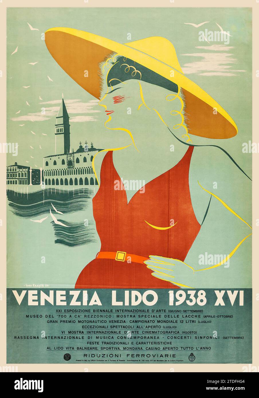 Old, vintage travel poster Italy - Venice Lido 1938 XVI Biennale