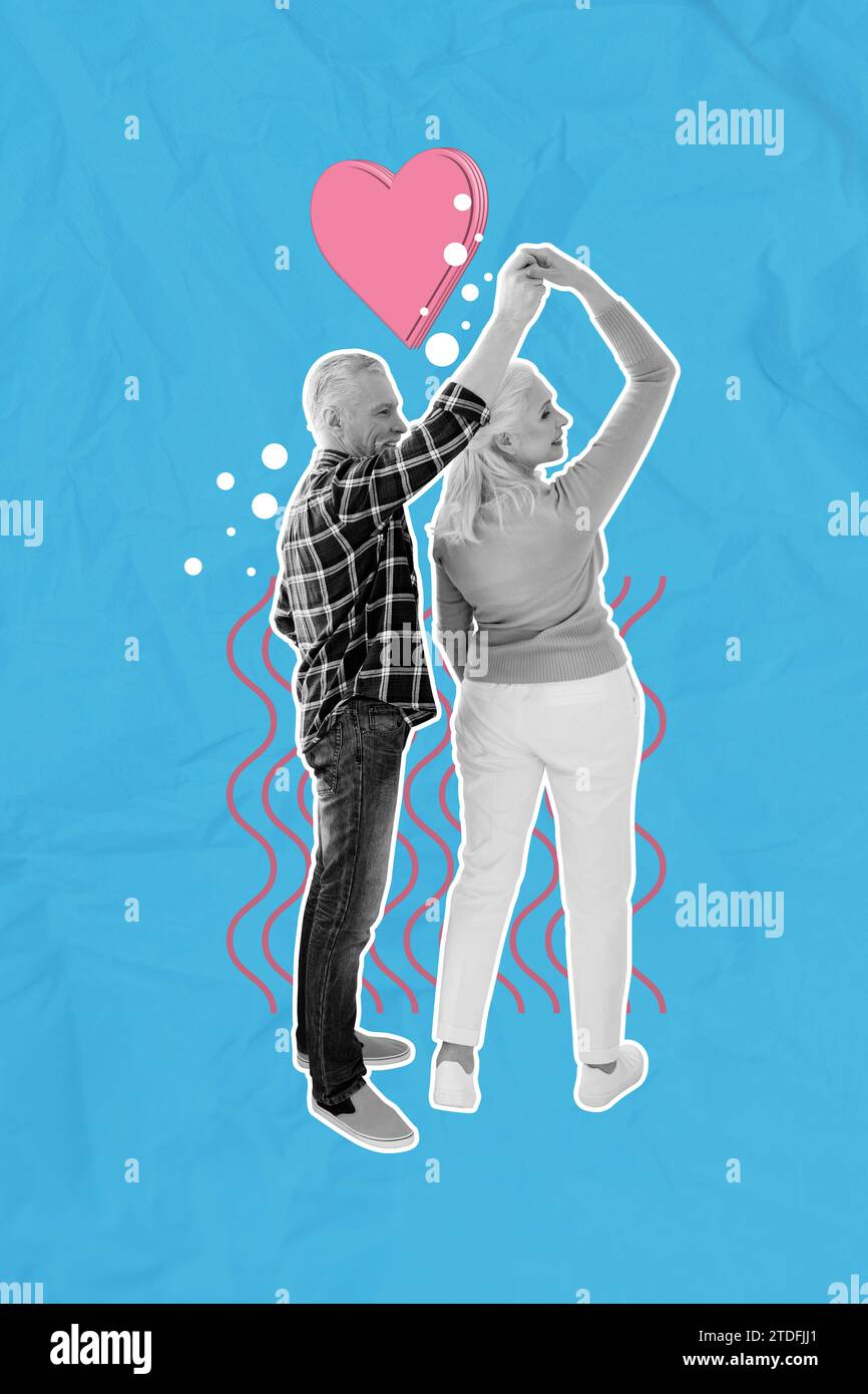 Vertical creative poster banner picture collage happy joyful elderly couple dancing celebrate valentine day share feelings Stock Photo