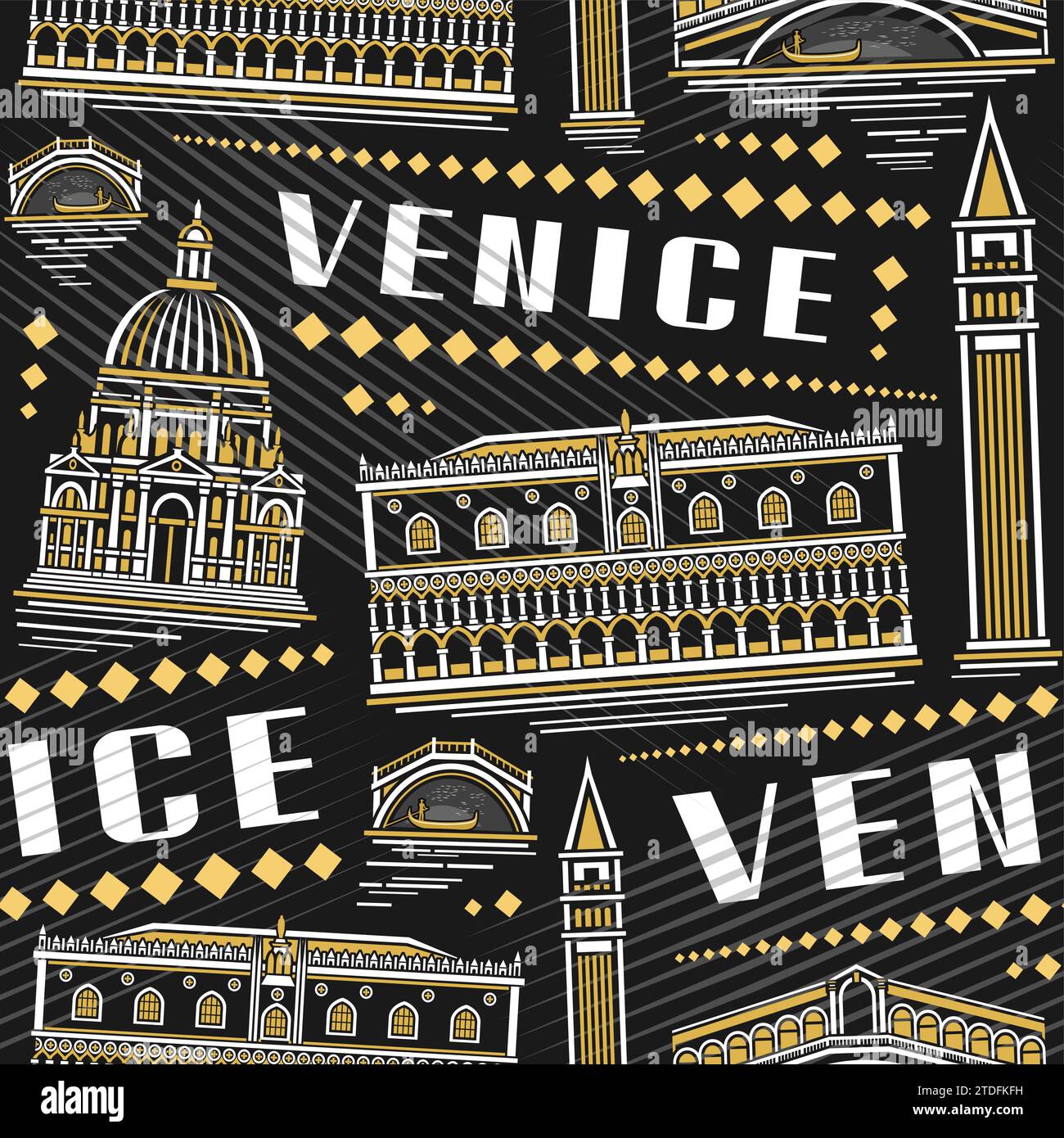 Vector Venice Seamless Pattern, square repeating background with illustration of famous european venice city scape on dark background for bed linen, d Stock Vector
