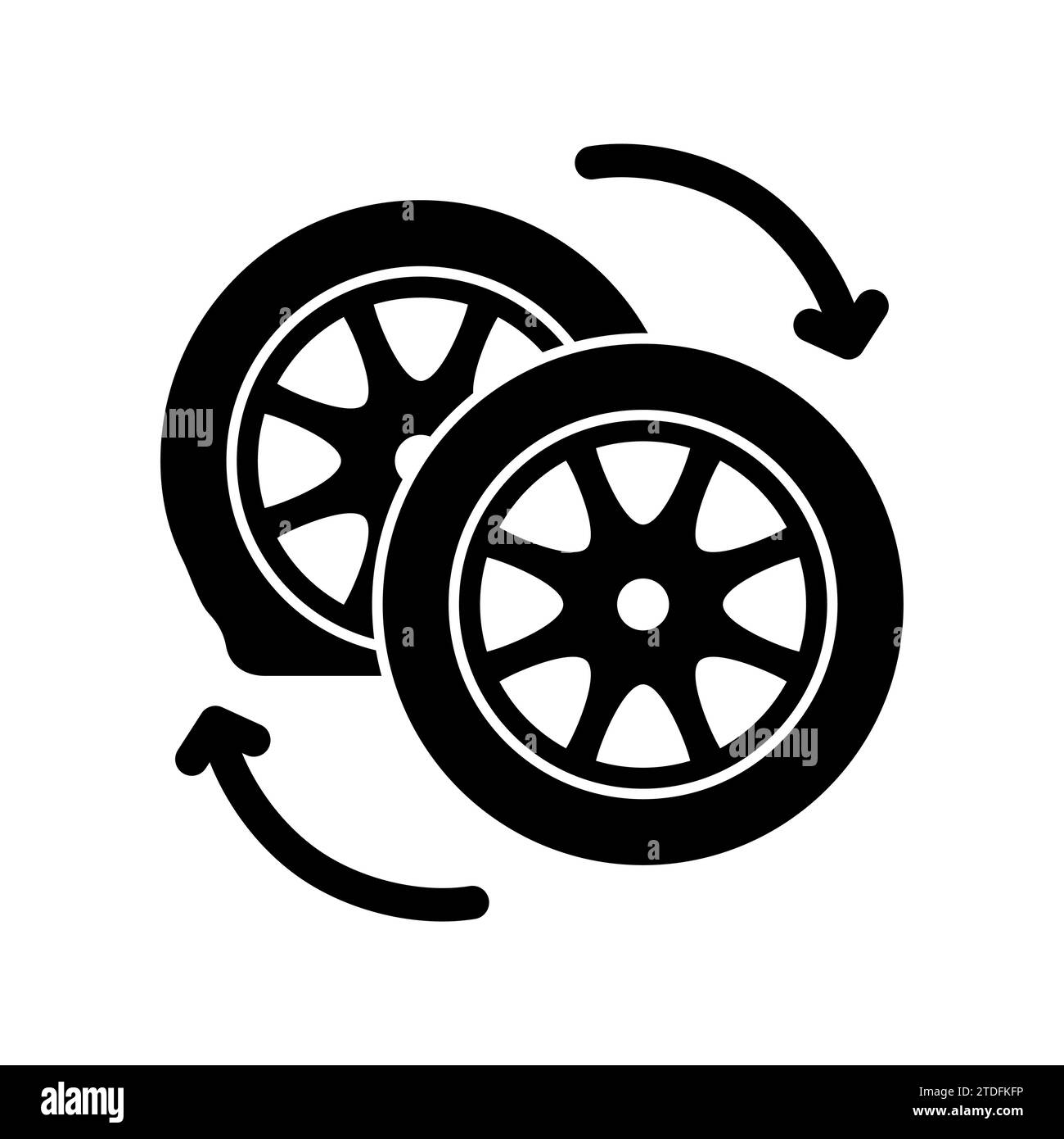 Car wheel changing icon. Flat tire is replaced with a new wheel. Deflated automobile tire. Punctured wheel of car. Tire service station garage. Vector Stock Vector