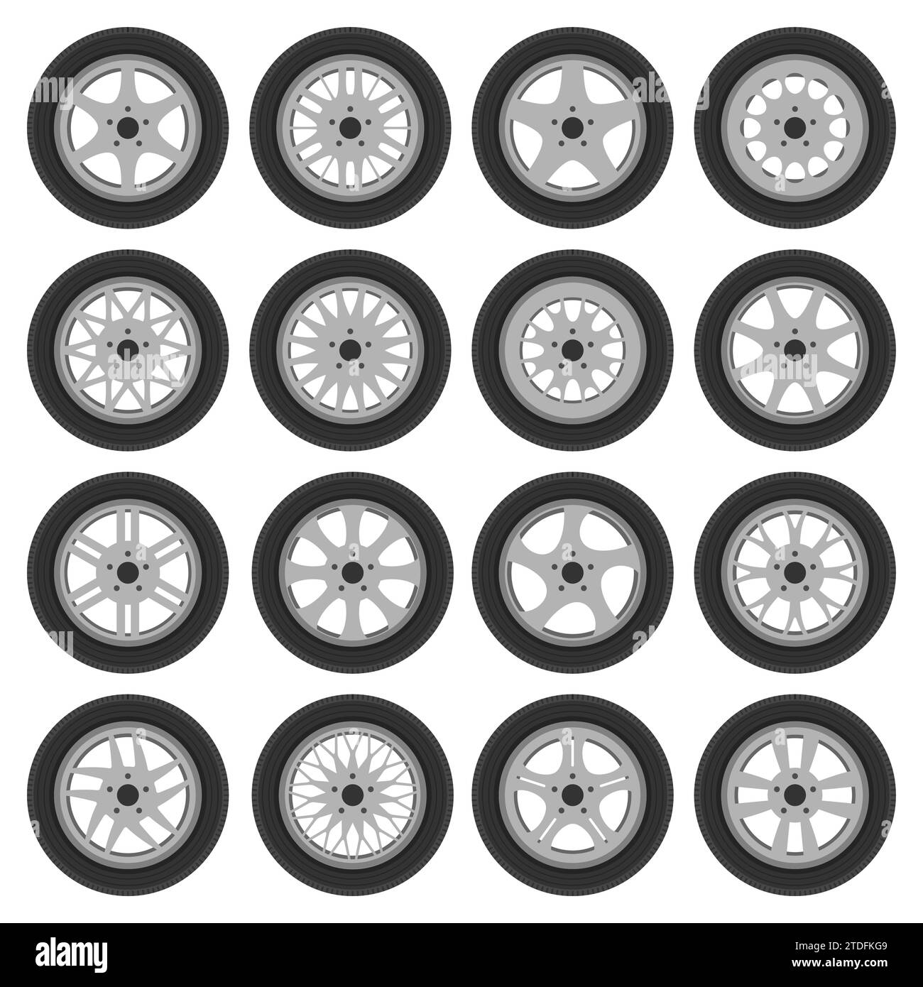 Car wheel rims with tires set. Automobile and other vehicle spare parts cast, steel, light alloy and aluminum wheels icon flat style. Repair shop or s Stock Vector