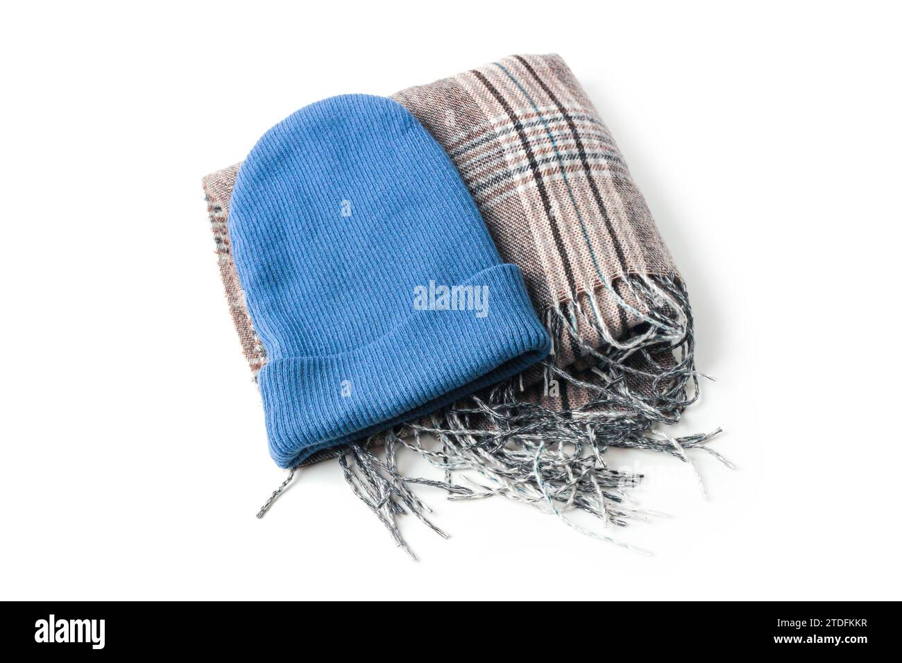 Wool knitted hat and scarf isolated on white background Stock Photo