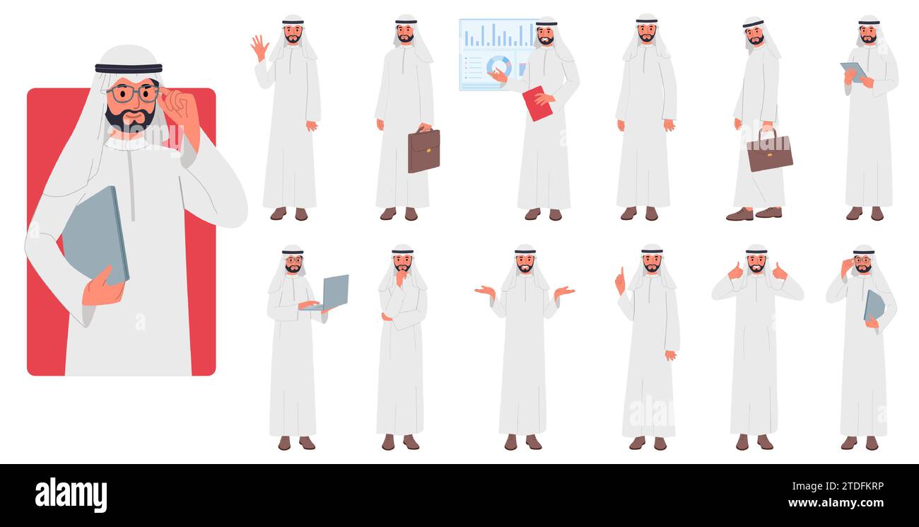 Arab man. Saudi people. Manager actions. Standing Islamic person with briefcase or laptop. Office work. Muslim businessman. Arabian lawyer. Emirates e Stock Vector