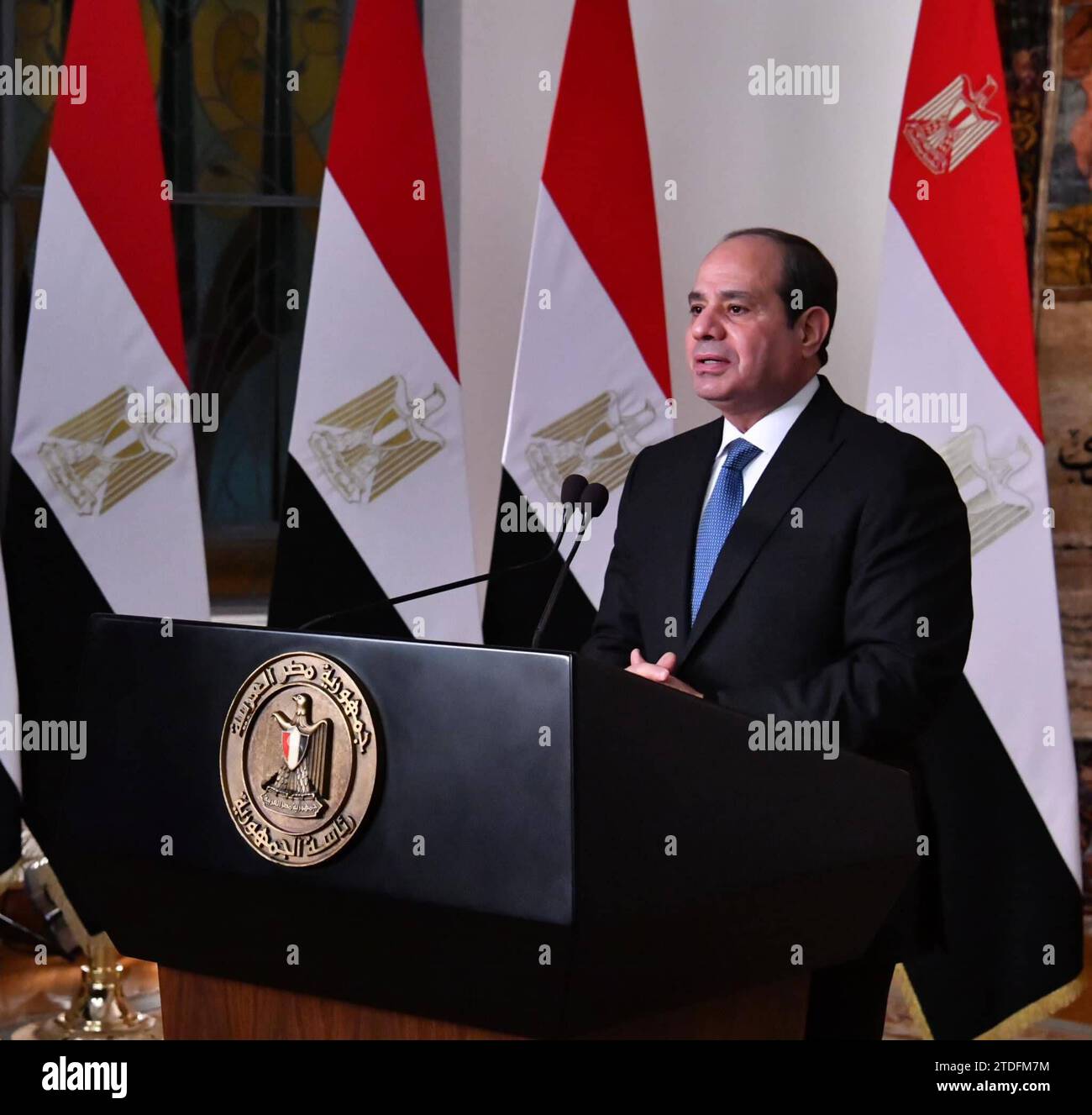 Egyptian President Abdel Fattah El-Sisi speaks during a speech following the announcement of the results Egyptian President Abdel Fattah El-Sisi speaks during a speech following the announcement of the results of the Egyptian presidential elections in Cairo, Egypt, on December 18, 2023. Egypt s President Abdel Fattah al-Sisi has won a new six-year term with 89.6 percent of the vote, the election authority announced on December 18. Turnout reached an unprecedented 66.8 percent of Egypt s 67 million voters, said its chief, Hazem Badawy. Over 39 million voted for Sisi, a former army chief who has Stock Photo