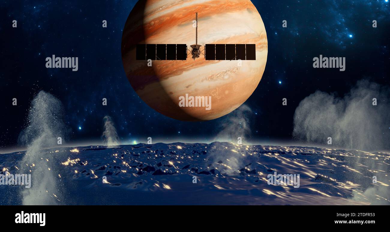 Clipper spacecraft on a flyby over Europa’s surface with Jupiter rising in the background. 3d rendering. Element of this image are furnished by Nasa Stock Photo