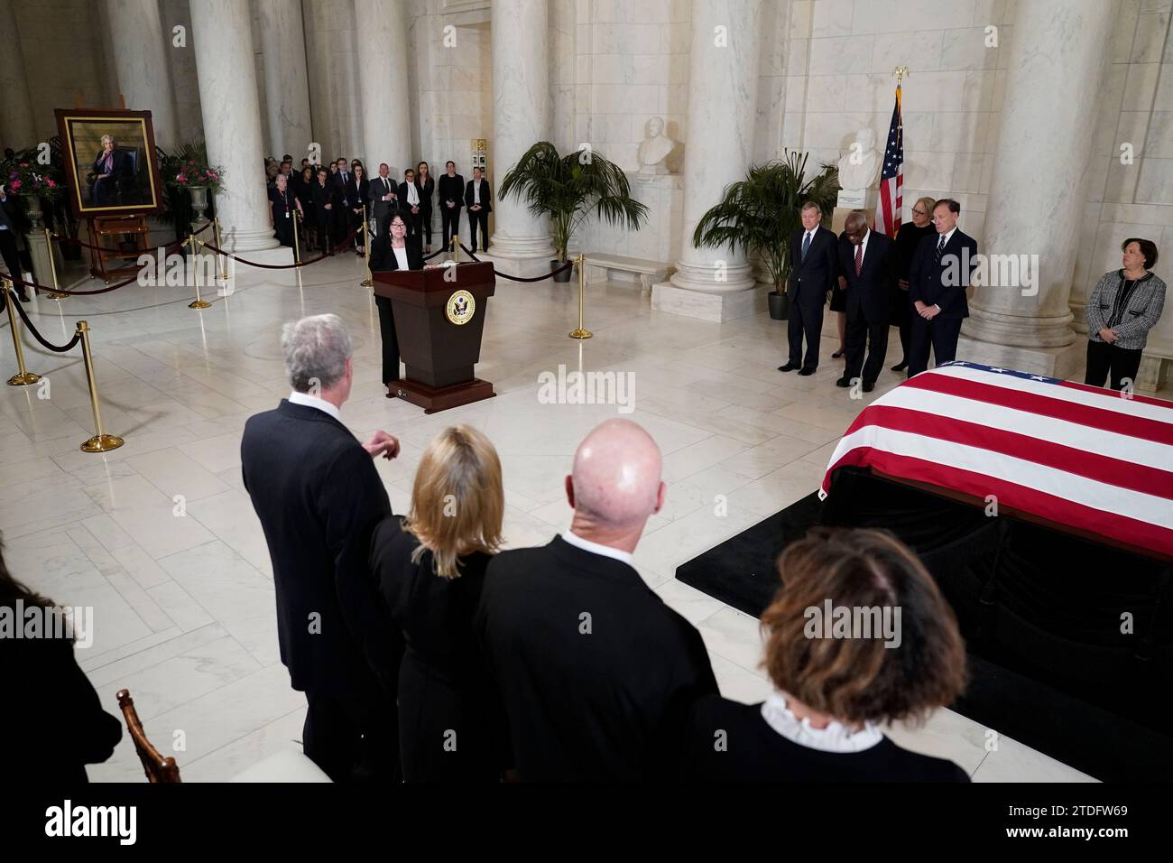 Washington, United States. 18th Dec, 2023. Supreme Court Justice Sonia Sotomayor speaks during a private ceremony for retired Supreme Court Justice Sandra Day O'Connor before public repose in the Great Hall at the Supreme Court in Washington DC on Monday, December 18, 2023. O'Connor, the first woman to serve on the nation's highest court, died December 1 at age 93. Pool photo by Jacquelyn Martin/UPI Credit: UPI/Alamy Live News Stock Photo