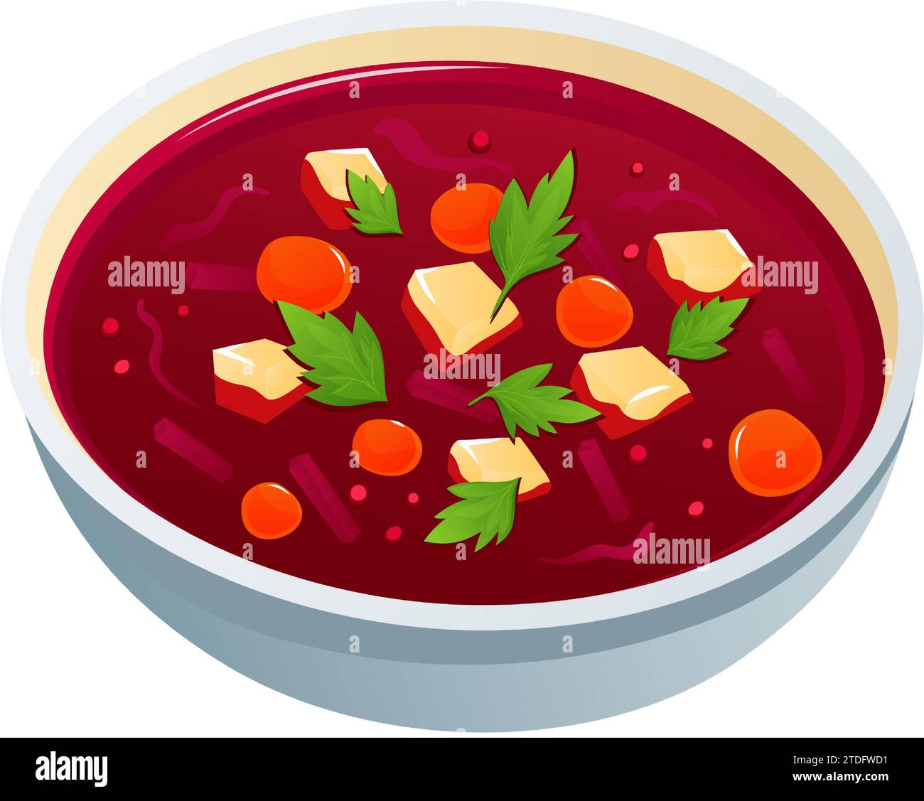 National Ukrainian dish borscht in a plate. Red tomato soup with potatoes, meat, spices, carrots, beet, parsley. Symbol of Ukraine. Hot lunch. Vector Stock Vector