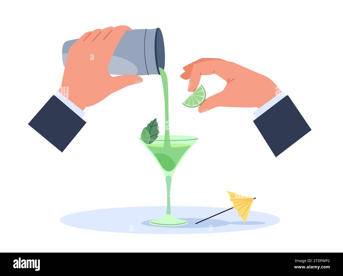 Bartenders hands are preparing cocktail. Hand hold lime and bar shaker