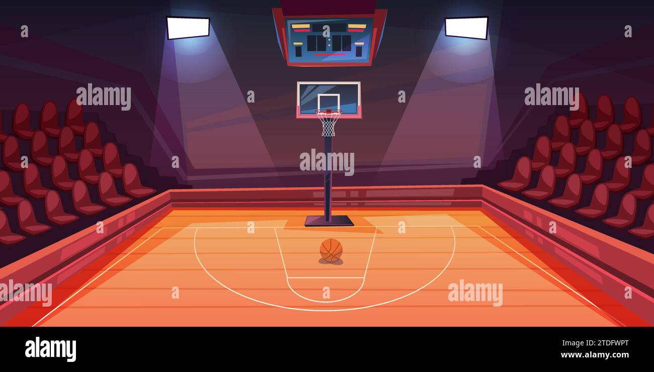 Basketball court with seats for spectators ring and basketballs Empty
