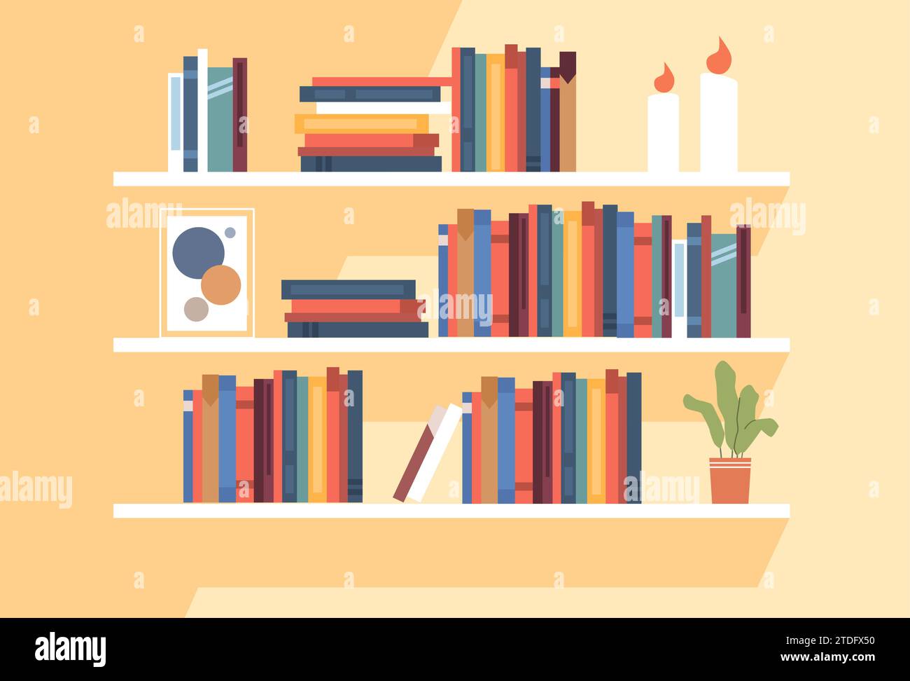 Bookshelves with books standing on them. Home library or bookstore with