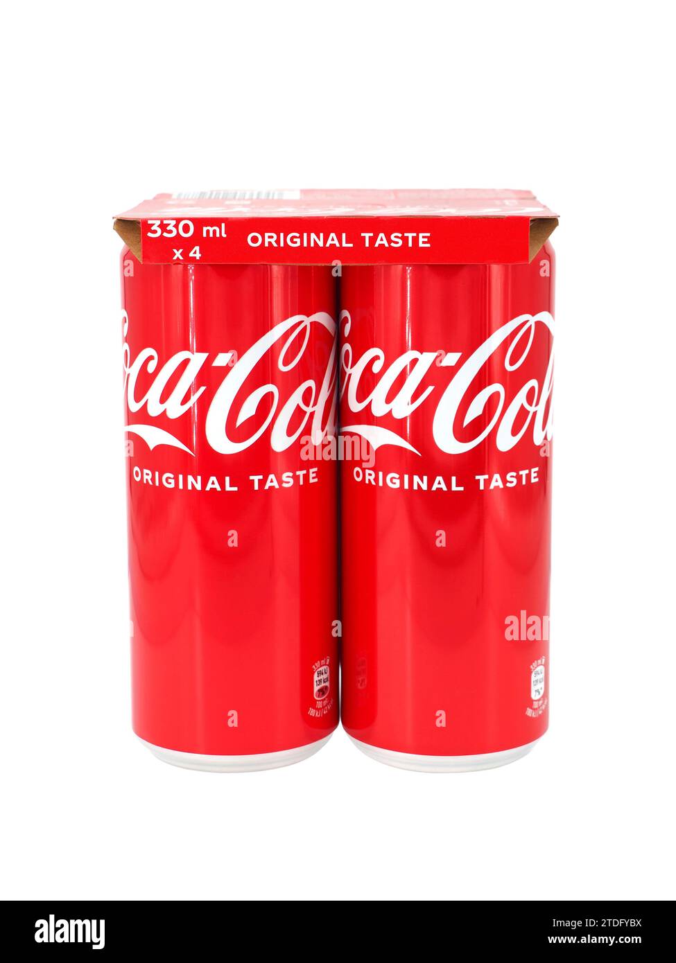 ROME, ITALY - DECEMBER 19, 2023. Coca-Cola pack 4x330ml cans isolated on white background. Stock Photo