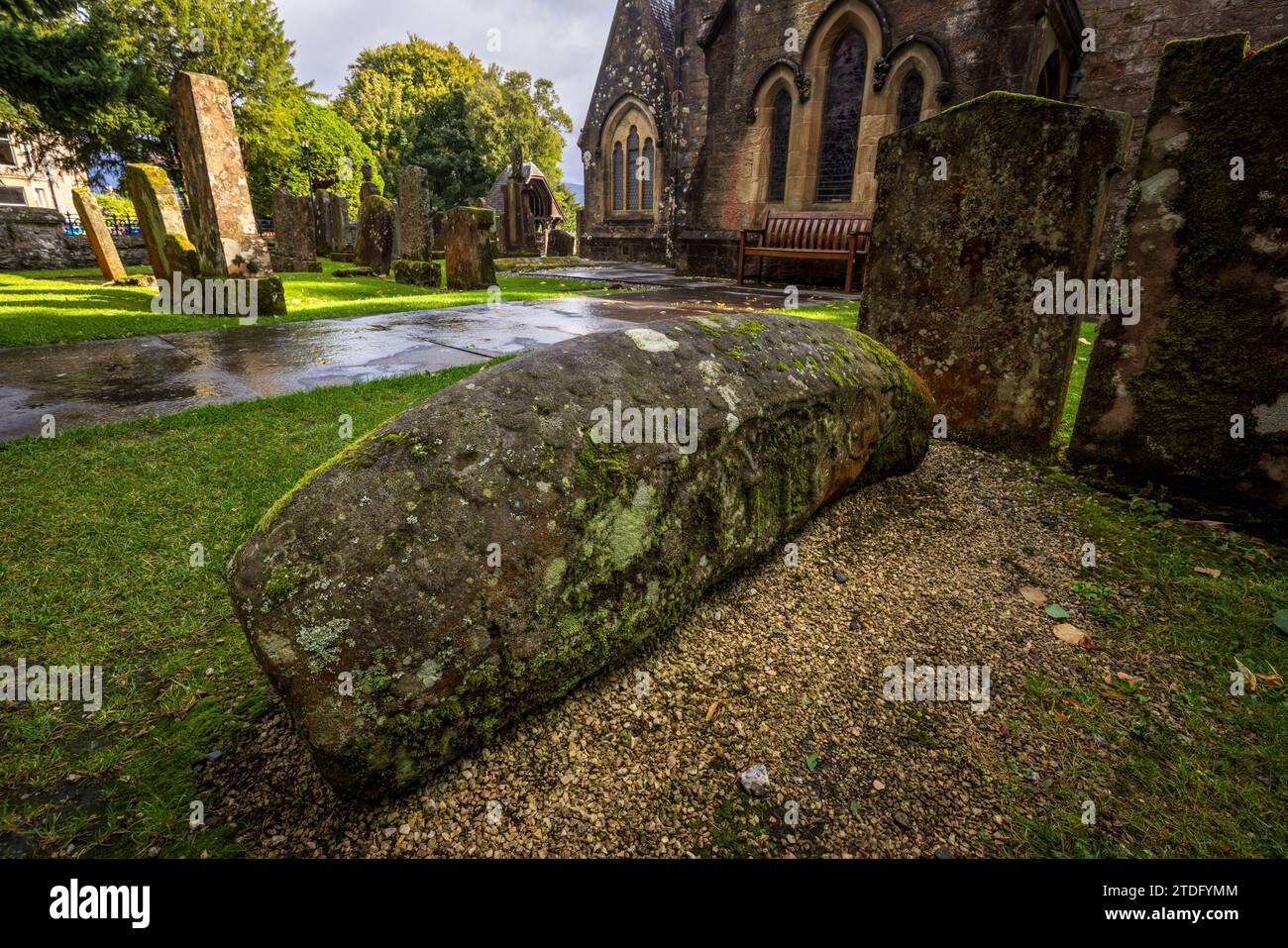 The Viking Hogback stone in the graveyard of Luss Parish Church on the shore of Loch Lomond, Argyll and Bute, Scotland Stock Photo