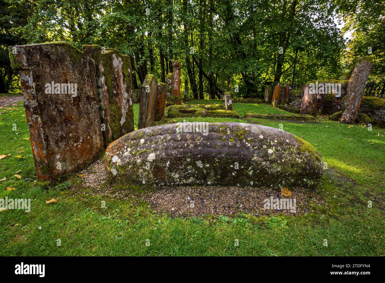 The Viking Hogback stone in the graveyard of Luss Parish Church on the shore of Loch Lomond, Argyll and Bute, Scotland Stock Photo