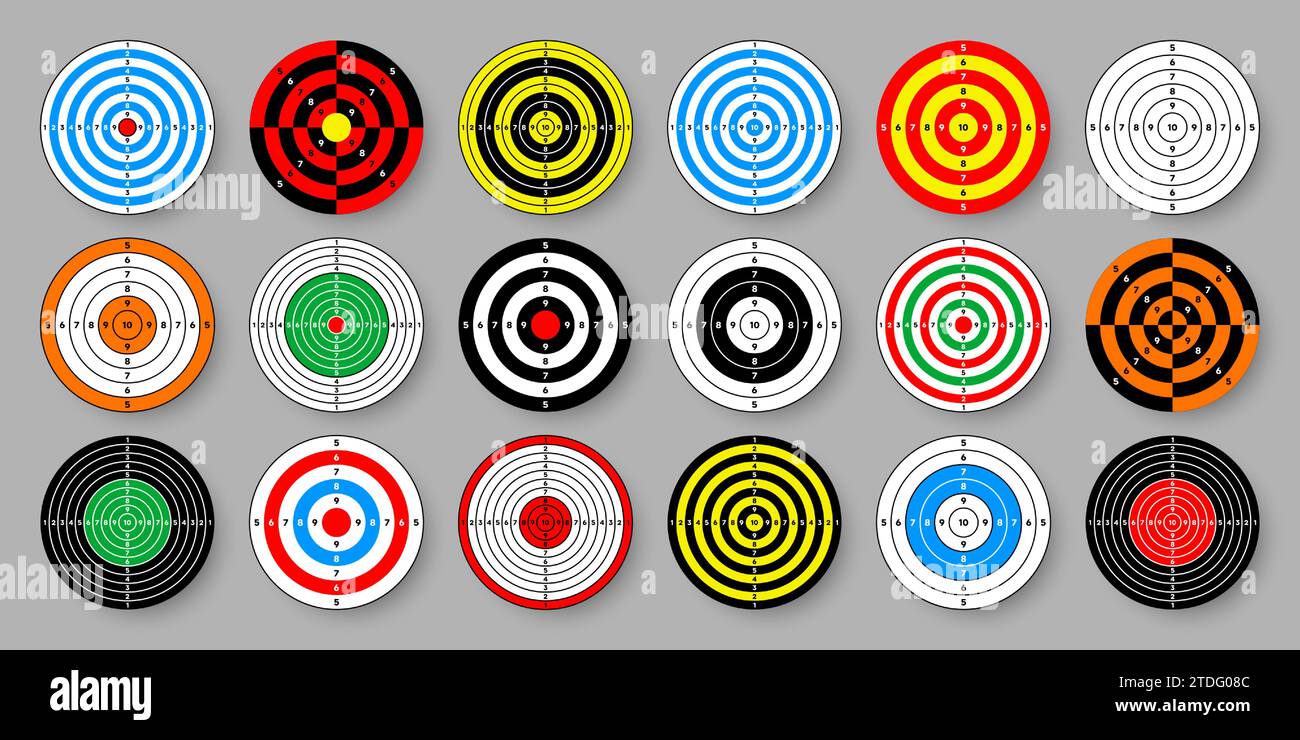 Shooting range paper targets. Round target with divisions, marks and numbers. Archery, gun shooting practise and training, sport competition and Stock Vector